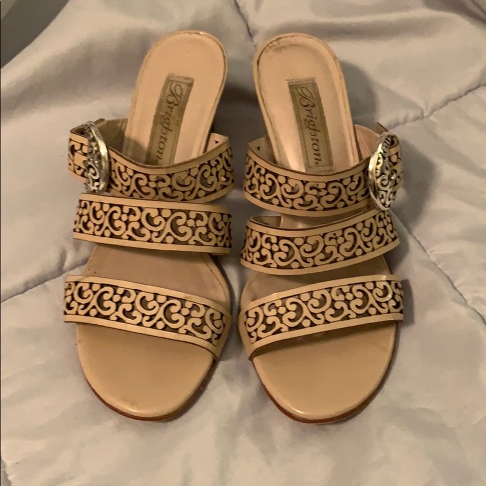 Brighton Beige Leather Slide Sandals with Decorative Cutwork